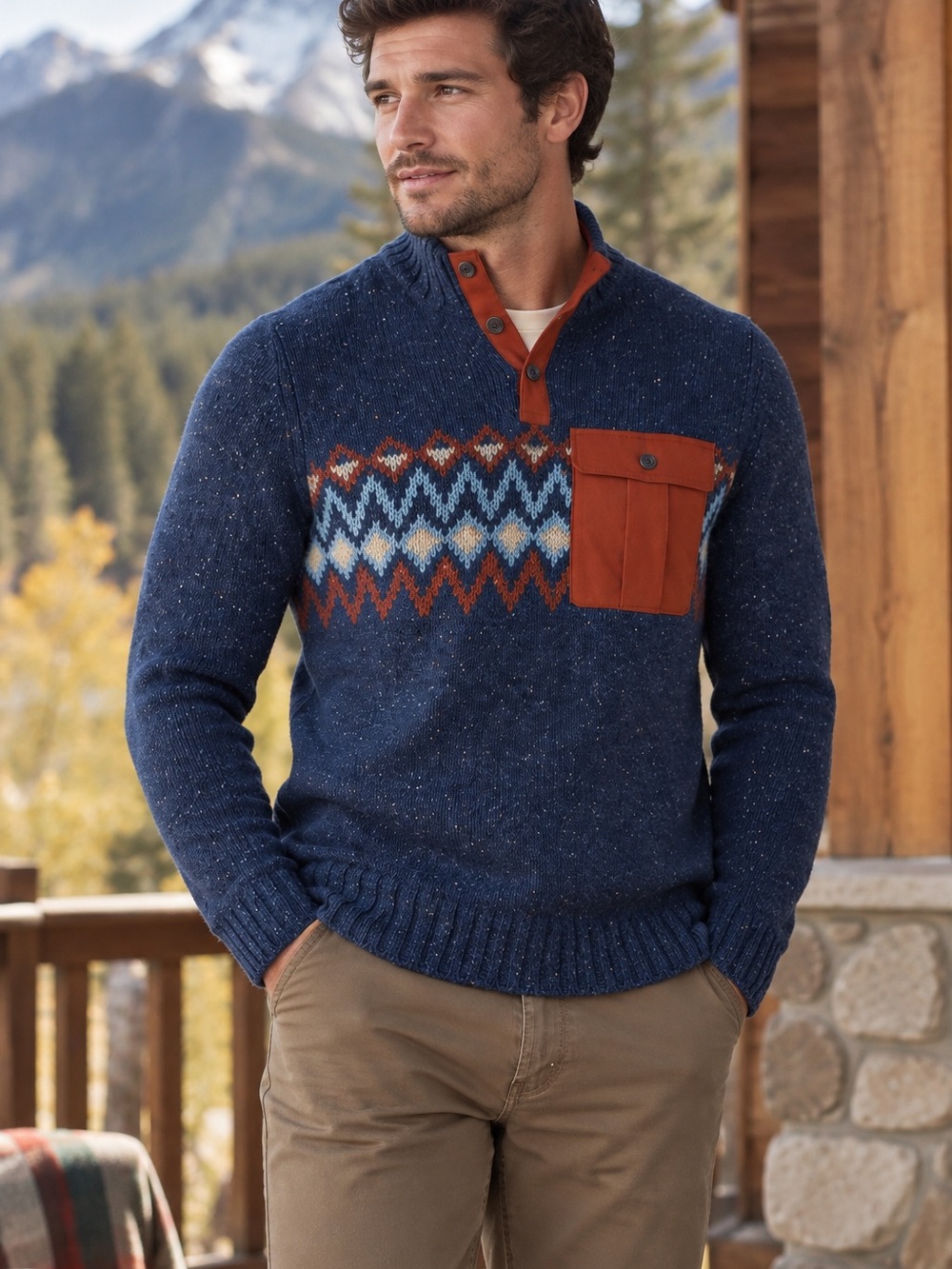 Smartwool Men's Heavy Henley Sweater Navy Fair Isle Merino Wool size Medium - Picture 7 of 8